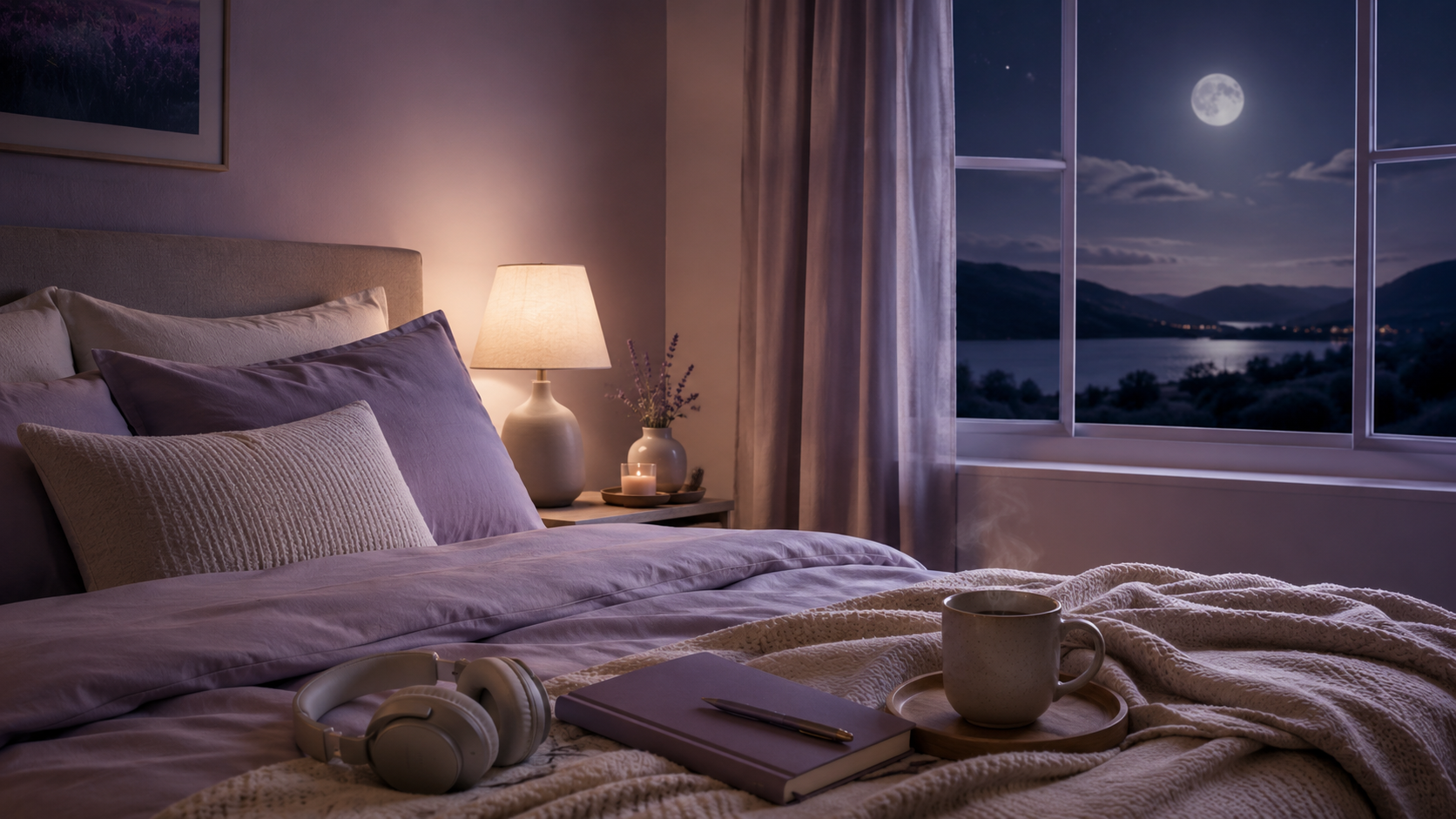 A peaceful moonlit reading corner for sleep, relaxation, music, and quiet reflection