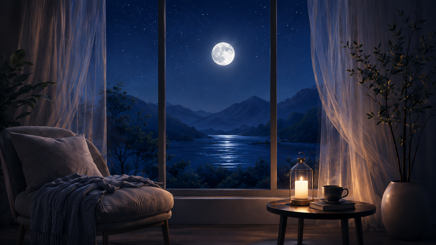 A calm moonlit room for sleep and relaxation
