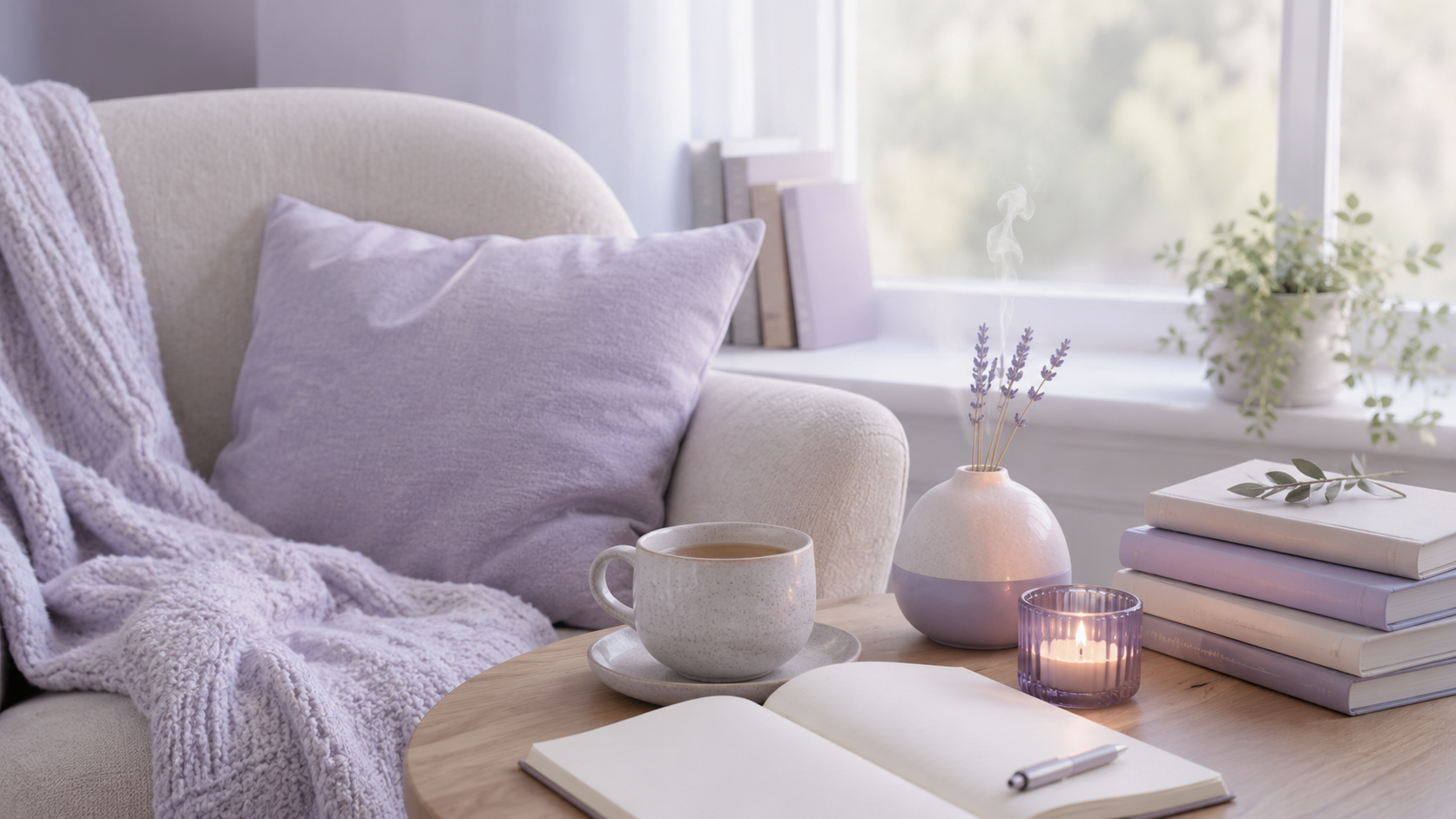 A calm reading space with books, tea and soft natural light