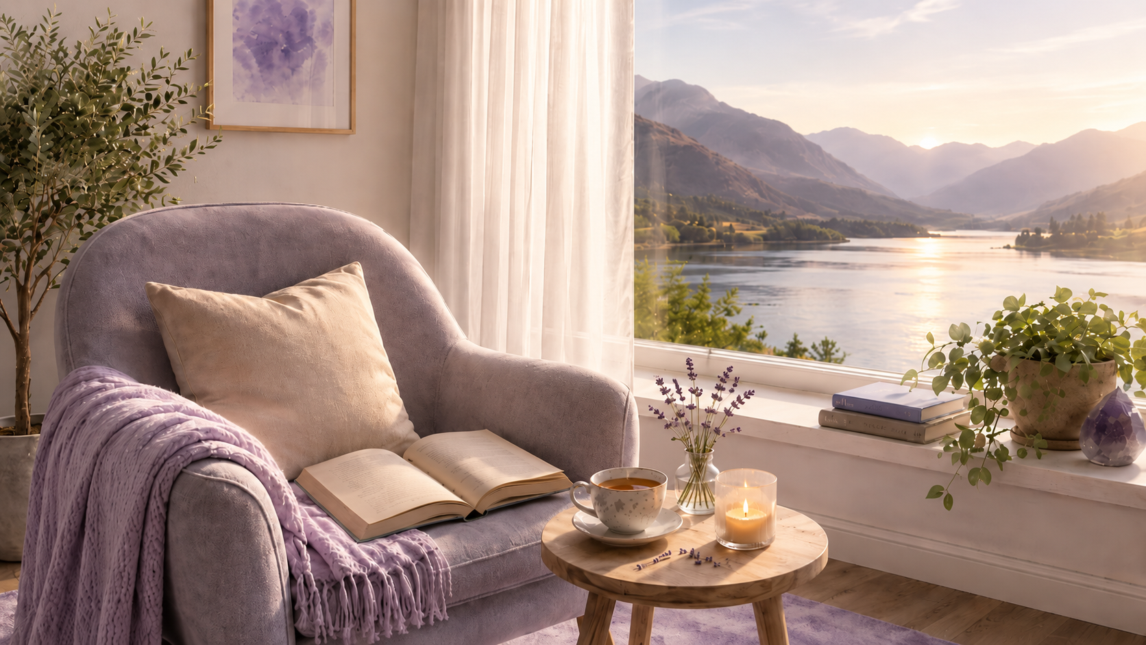 A peaceful reading corner overlooking a calm lake