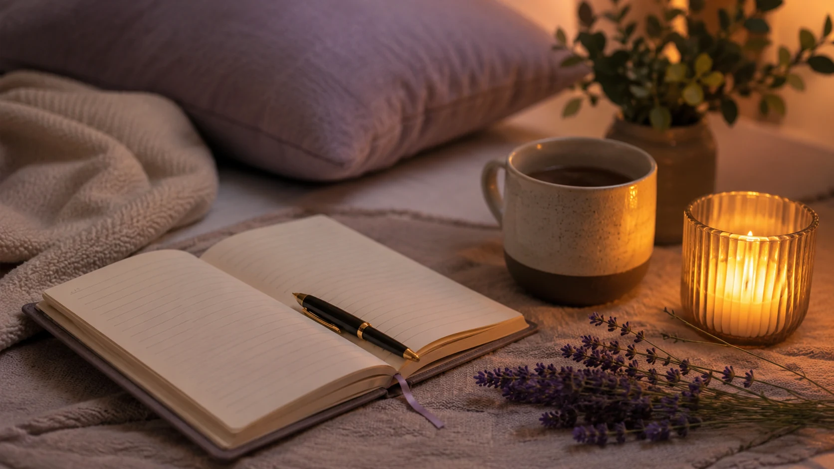 A calm bedroom setup with a notebook, tea, and candlelight