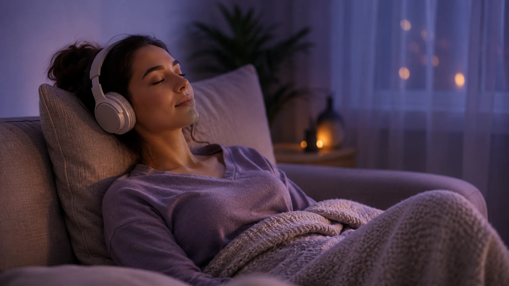 Relaxing at home with headphones and soft evening light