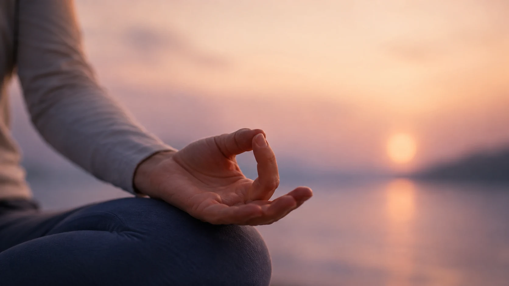 A close-up meditation moment used for grounding and calm breathing