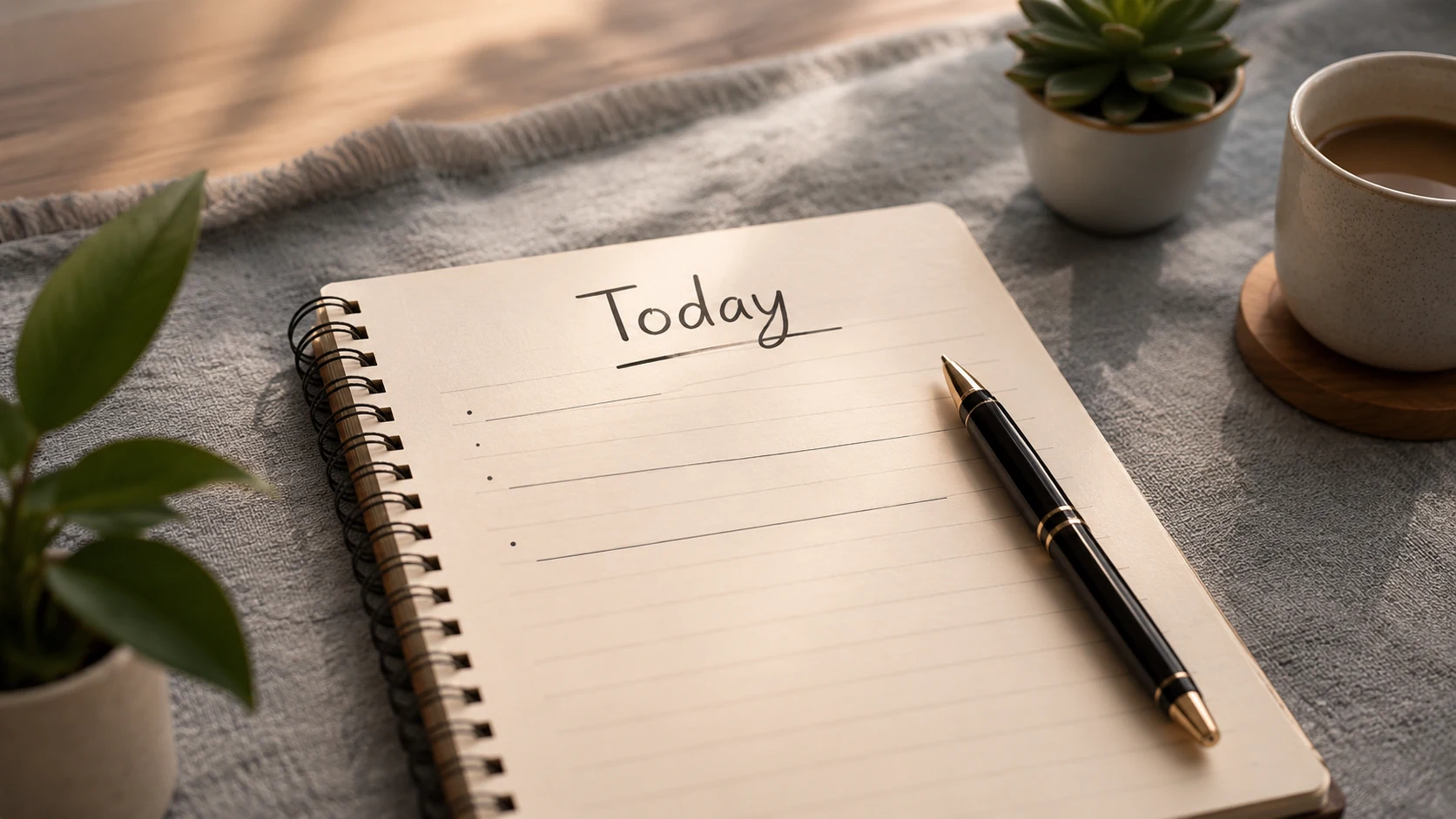 A written morning plan beside tea and a quiet wellness setup