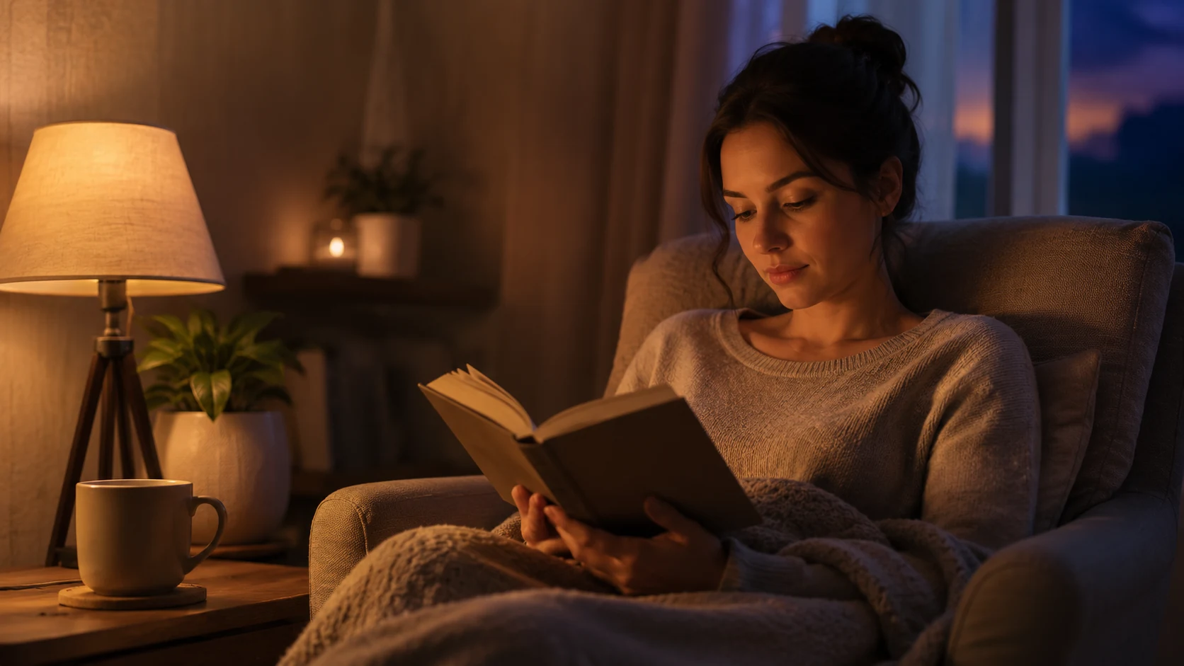 Reading quietly in warm light as part of an evening wind-down routine