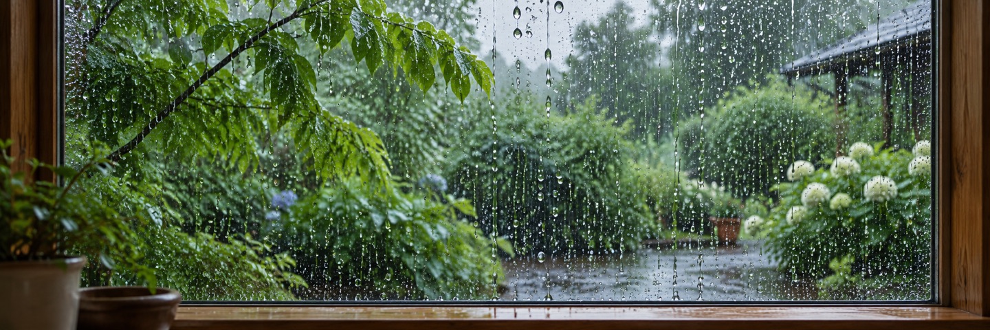 Raindrops on a window overlooking a wet green garden