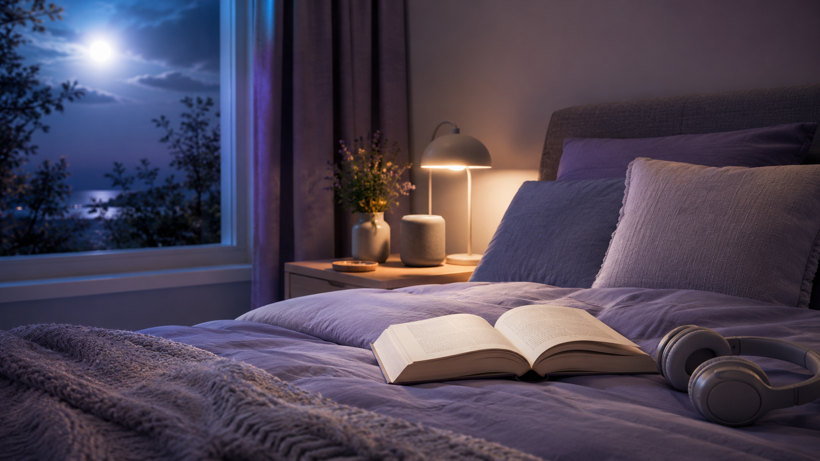 A calm bedtime setting with an open book and headphones