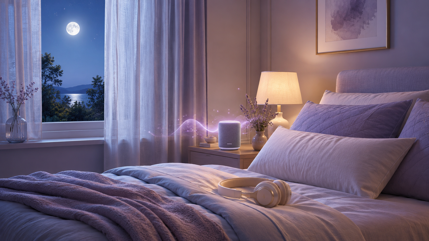 A peaceful moonlit bedroom with audio listening elements